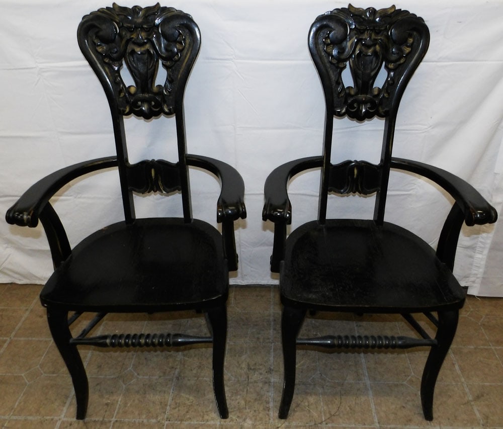 Pair Painted Carved Oak Arm Chairs With Open Mouth Lion Head Backs (1 of 6)