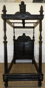 19th Century Heavily Carved English Oak Single Tester Bed