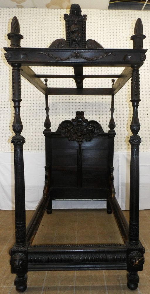 19th Century Heavily Carved English Oak Single Tester Bed  (1 of 14)