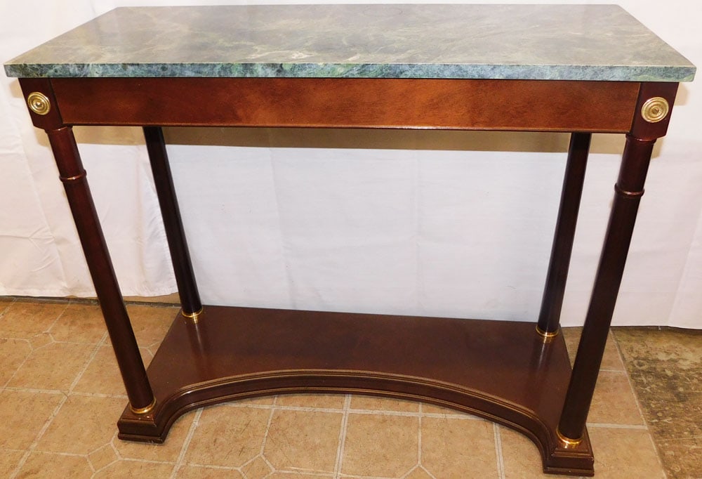 Mahogany Marble Top Console: Mahogany Marble Top Console. 30" H 34 3/4" W 13 3/4" D ALL DESCRIPTIONS AND ANY CONDITION STATEMENT GIVEN BY LANGSTON AUCTION GALLERY ARE STRICTLY OPINIONS AND LANGSTON'S SHALL HAVE NO RESPONSIBILITY