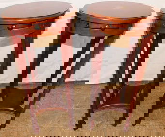 Pair Oval Cherry Pinwheel Inlaid Stands With Pull Out Slides