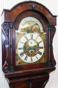 19th Century Mahogany Eight Day Grandfather Clock with Painted Moon Dial Signed Humph Owen Carnarvon