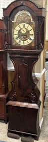19th Century Mahogany Eight Day Grandfather Clock with Painted Moon Dial Signed Humph Owen Carnarvon