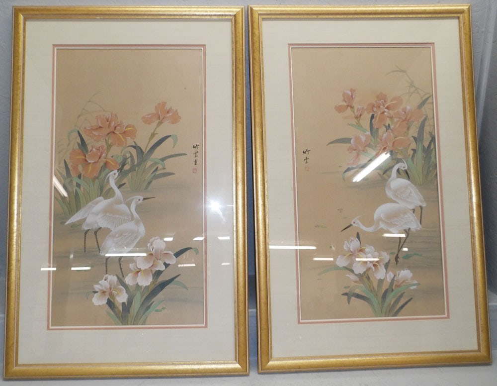 Pair of Framed Oriental Heron Watercolors on Silk Signed with Character Marks (1 of 5)
