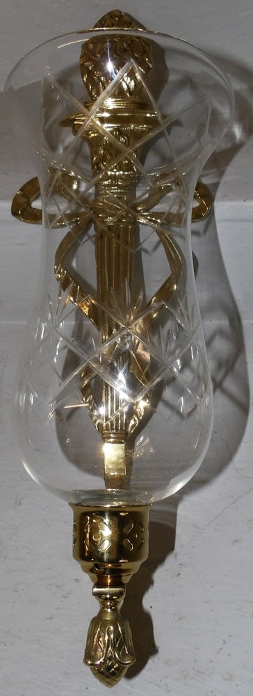 Brass Candle Sconce with Glass Shade by Virginia Metalcrafters : Brass Candle Sconce with Glass Shade by Virginia Metalcrafters . 21 1/4" H 7 1/4" W ALL DESCRIPTIONS AND ANY CONDITION STATEMENT GIVEN BY LANGSTON AUCTION GALLERY ARE STRICTLY OPINIONS AND LANGSTON'S