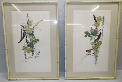 Pair of Oriental Prints in Faux Bamboo Frames