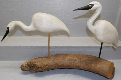 Painted Carved Wood Two Heron Bird Decoy Artist Signed