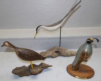 Three Hand Painted Carved Wood Shore Birds, (Two Artist Signed)