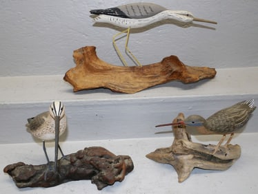 Three Painted Carved Wood Shore Birds, (Two Artist Signed)