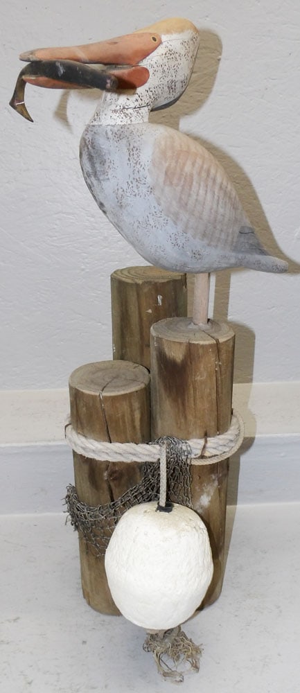 Large Painted Carved Wood Pelican on Stand Artist Signed (1 of 7)