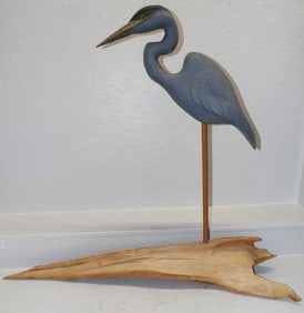 Large Painted Carved Heron on Driftwood Base Artist Signed
