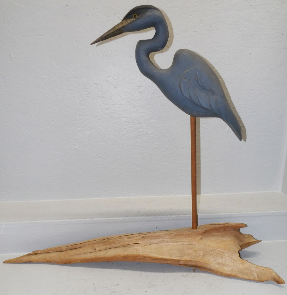 Large Painted Carved Heron on Driftwood Base Artist Signed (1 of 6)