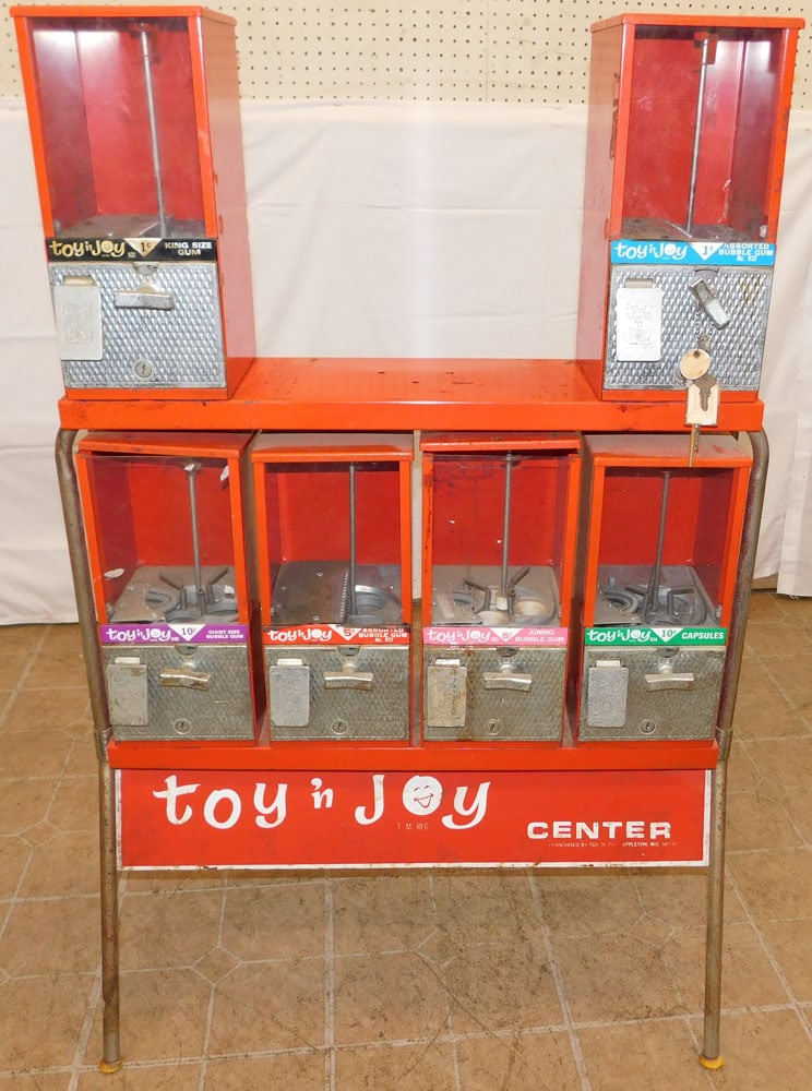 Vintage Painted Metal & Glass Toy & Joy Candy Dispenser  (1 of 8)