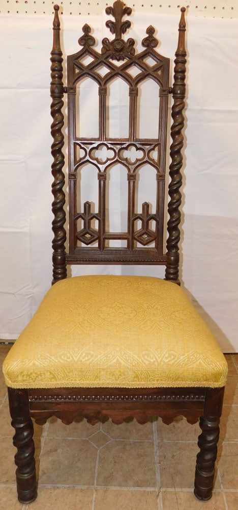 Antique Carved Rosewood Victorian Gothic Slipper Chair : Antique Carved Rosewood Victorian Gothic Slipper Chair . 43 1/2" H 18" W 19 3/4" D ALL DESCRIPTIONS AND ANY CONDITION STATEMENT GIVEN BY LANGSTON AUCTION GALLERY ARE STRICTLY OPINIONS AND LANGSTON'S S