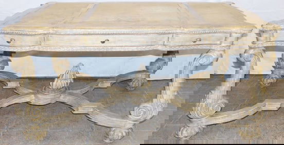 Bleached Carved Mahogany & Leather Top Partner's Desk