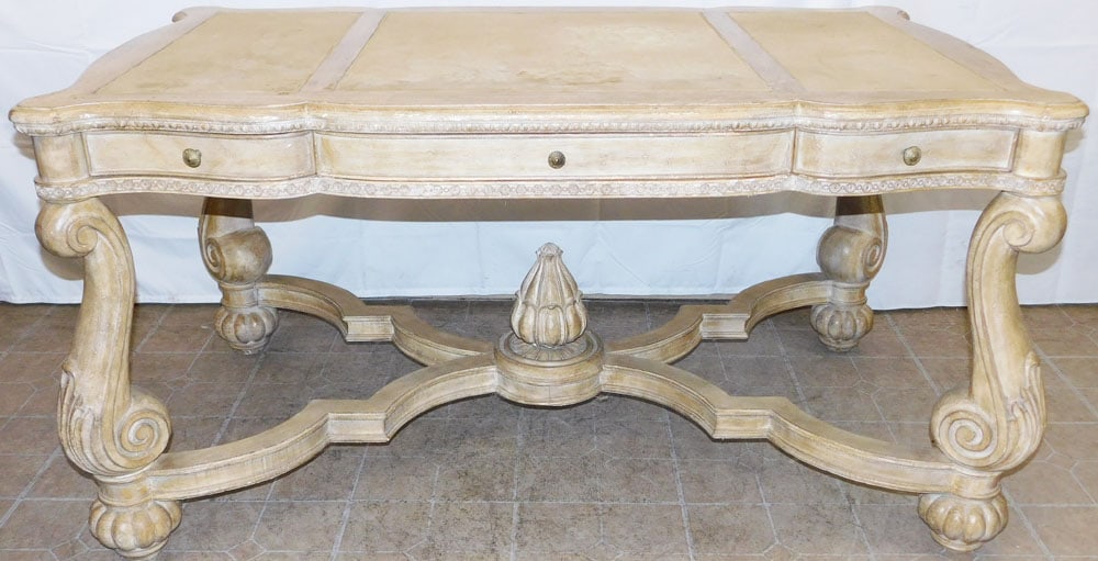 Bleached Carved Mahogany & Leather Top Partner's Desk  (1 of 5)