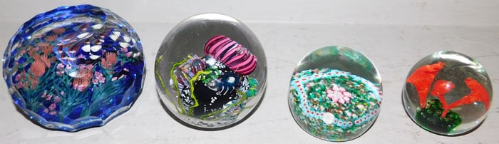 Lot of Four Art Glass Paperweights, (Two Artist Signed)