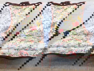 Pair of Carved Mahogany & Floral Upholstered Arm Chairs