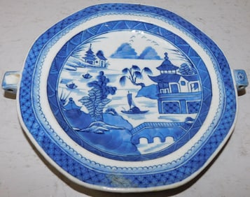 19th Century Chinese Blue & White Canton Porcelain Warming Dish