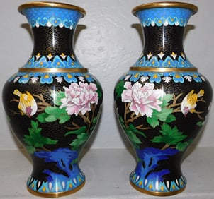 Pair of Cloisonne Vases with Bird Motif