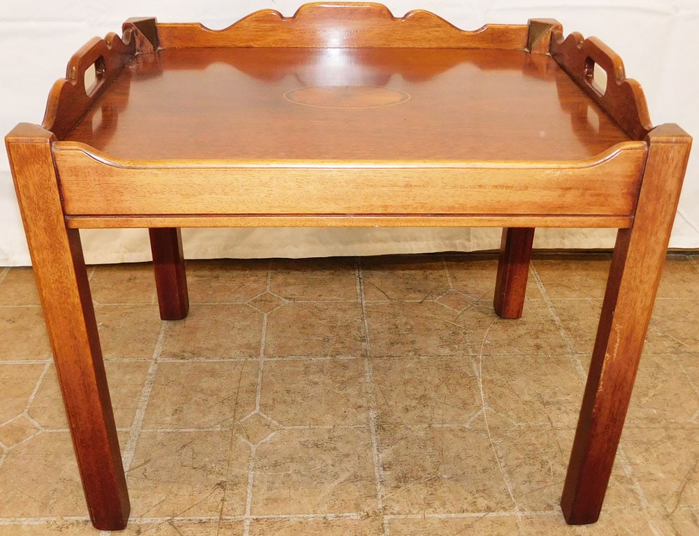 Mahogany Chippendale Style Pinwheel Inlaid Tea Table with Gallery Top  (1 of 4)