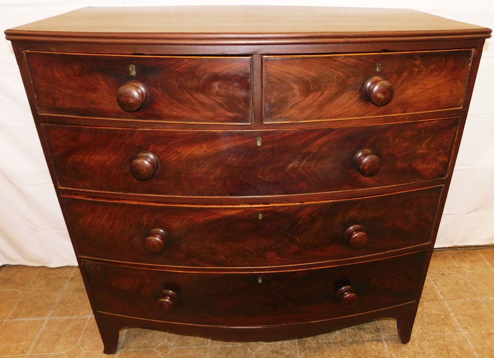 19th Century Mahogany Two Over Three Bow Front Chest : 19th Century Mahogany Two Over Three Bow Front Chest . 41 1/2" H 41 3/4" W 21 1/2" D ALL DESCRIPTIONS AND ANY CONDITION STATEMENT GIVEN BY LANGSTON AUCTION GALLERY ARE STRICTLY OPINIONS AND LANGSTON'S