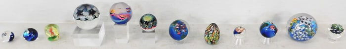 Lot of Millefiori Art Glass Balls on Stands, Artist Signed, & Paperweights, (One Murano)