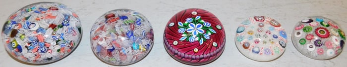 Five Millefiori Glass Paperweights, (Some Signed)