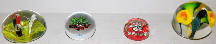 Four Art Glass Paperweights, (Some Signed)