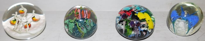 Four Art Glass Paperweights, (Some Signed)