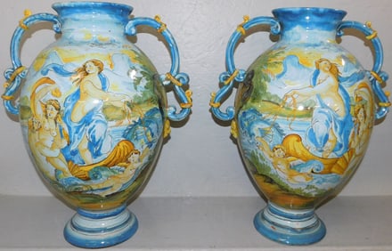 Pair of Large Polychrome Decorated Vases, (One with Restoration)