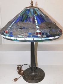 Leaded Stain Glass Tiffany Style Lamp with Dragonfly Motif
