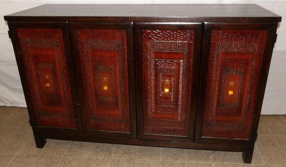 Modern Carved Wood Folding Double Door Cabinet: Modern Carved Wood Folding Double Door Cabinet. 33 3/4" H 53 1/4" W 18 1/2" D ALL DESCRIPTIONS AND ANY CONDITION STATEMENT GIVEN BY LANGSTON AUCTION GALLERY ARE STRICTLY OPINIONS AND LANGSTON'S SHALL