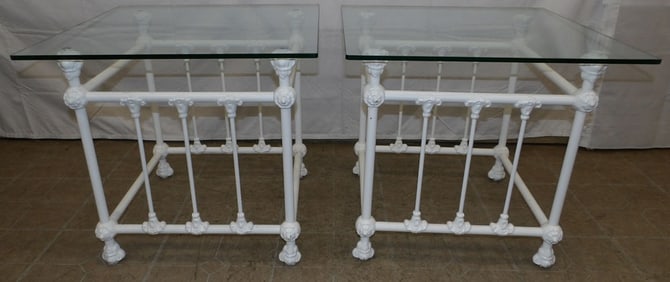 Pair of Painted Cast Iron & Glass Top End Tables