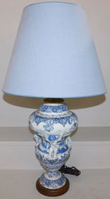 Ornate Blue & White Delft Lamp with Cherub Motif
