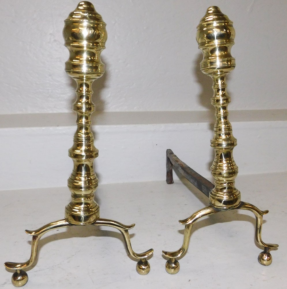 Pair of 19th Century Brass Andirons : Pair of 19th Century Brass Andirons . 14 1/4" H 8" W 15" D ALL DESCRIPTIONS AND ANY CONDITION STATEMENT GIVEN BY LANGSTON AUCTION GALLERY ARE STRICTLY OPINIONS AND LANGSTON'S SHALL HAVE NO RESPONSIBIL