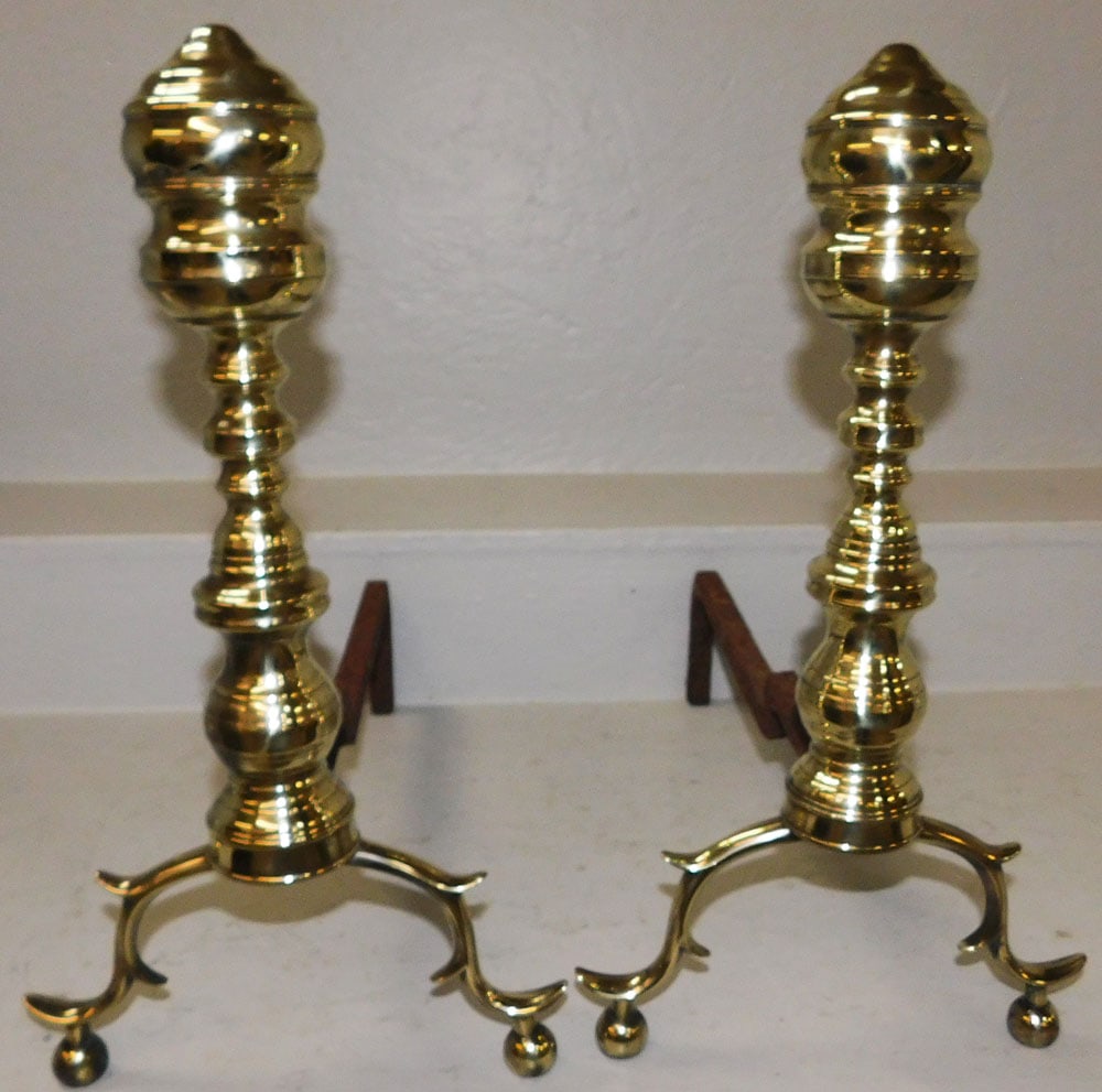 Pair of 19th Century Brass Andirons : Pair of 19th Century Brass Andirons . 18" H 10" W 20 1/4" D ALL DESCRIPTIONS AND ANY CONDITION STATEMENT GIVEN BY LANGSTON AUCTION GALLERY ARE STRICTLY OPINIONS AND LANGSTON'S SHALL HAVE NO RESPONSIBI