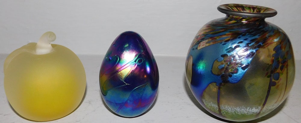 Two Signed Art Glass Vases, Egg Paperweight, & Art Glass Apple Paperweight (1 of 7)