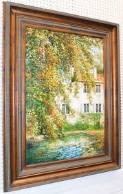 Framed Oil on Canvas of a House & Lake Scene Artist Signed