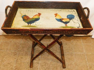 Painted Rooster Motif Bamboo Folding Tray Top Stand