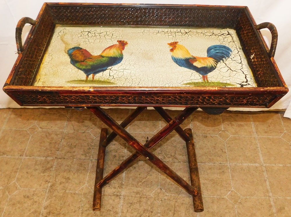Painted Rooster Motif Bamboo Folding Tray Top Stand  (1 of 4)