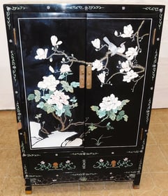 Oriental Black Lacquered Paint Decorated Cabinet with Bird Motif
