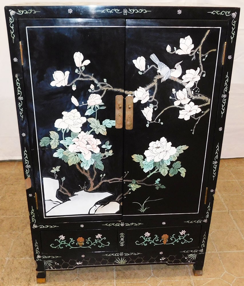 Oriental Black Lacquered Paint Decorated Cabinet with Bird Motif (1 of 7)