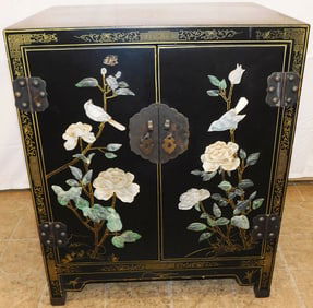 Oriental Black Lacquered Paint Decorated Cabinet with Carved Soapstone High Relief