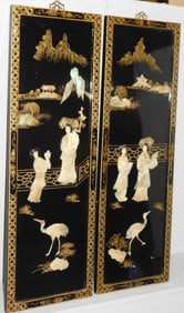 Pair of Chinese Black Lacquered Panels with Mother of Pearl Accents