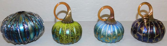 Three Art Glass Pumpkins & Art Glass Bud Vase, (All Artist Signed)