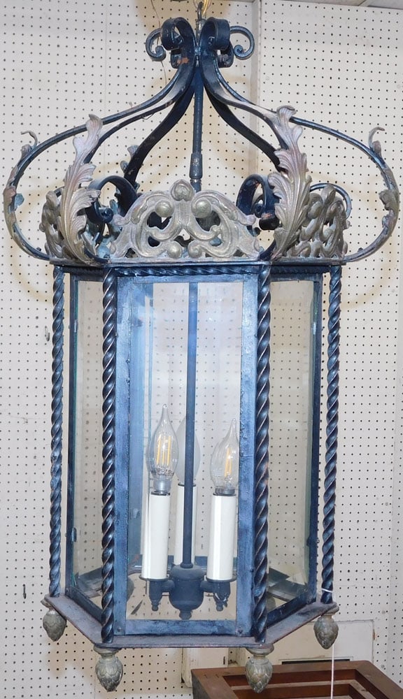 Brass & Wrought Iron Three Light Lantern Form Chandelier with Bevel Edge Glass  (1 of 3)