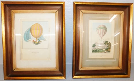 Pair of Antique Framed Hand Colored Engravings of Hot Air Balloons