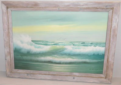 Large Oil on Canvas of Crashing Waves in Painted Frame Artist Signed