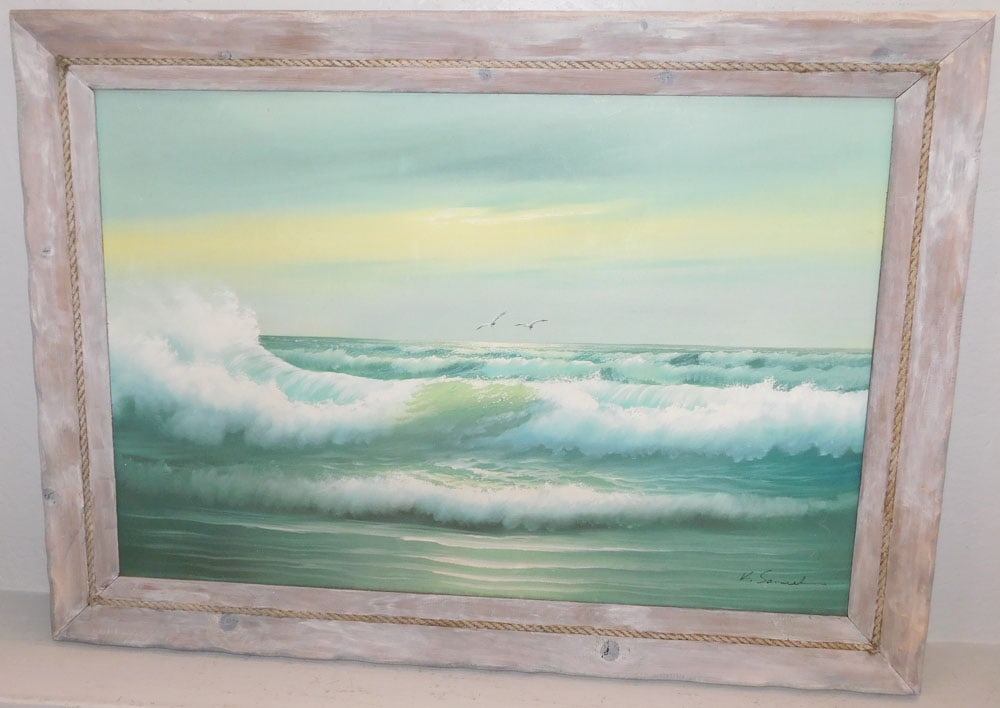 Large Oil on Canvas of Crashing Waves in White Washed Frame Artist Signed (1 of 4)